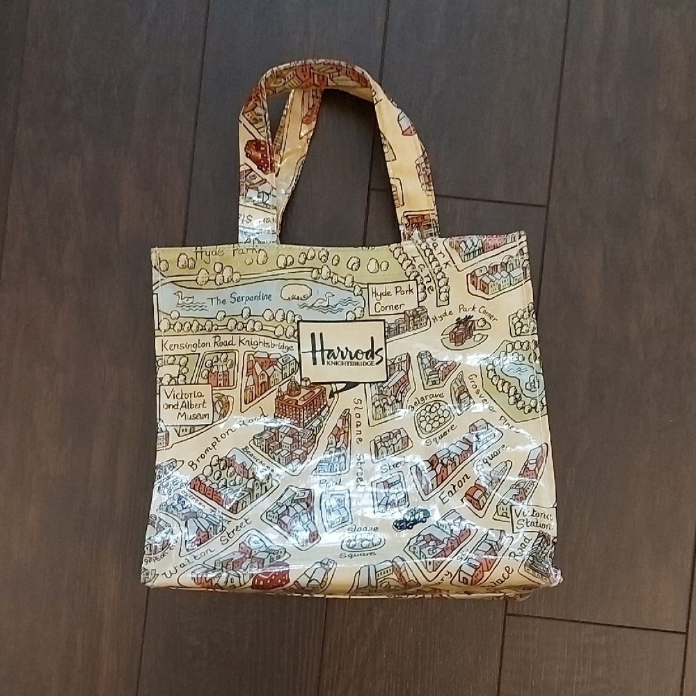 Vintage Harrods Cream and Red Illustrated Tote Bag